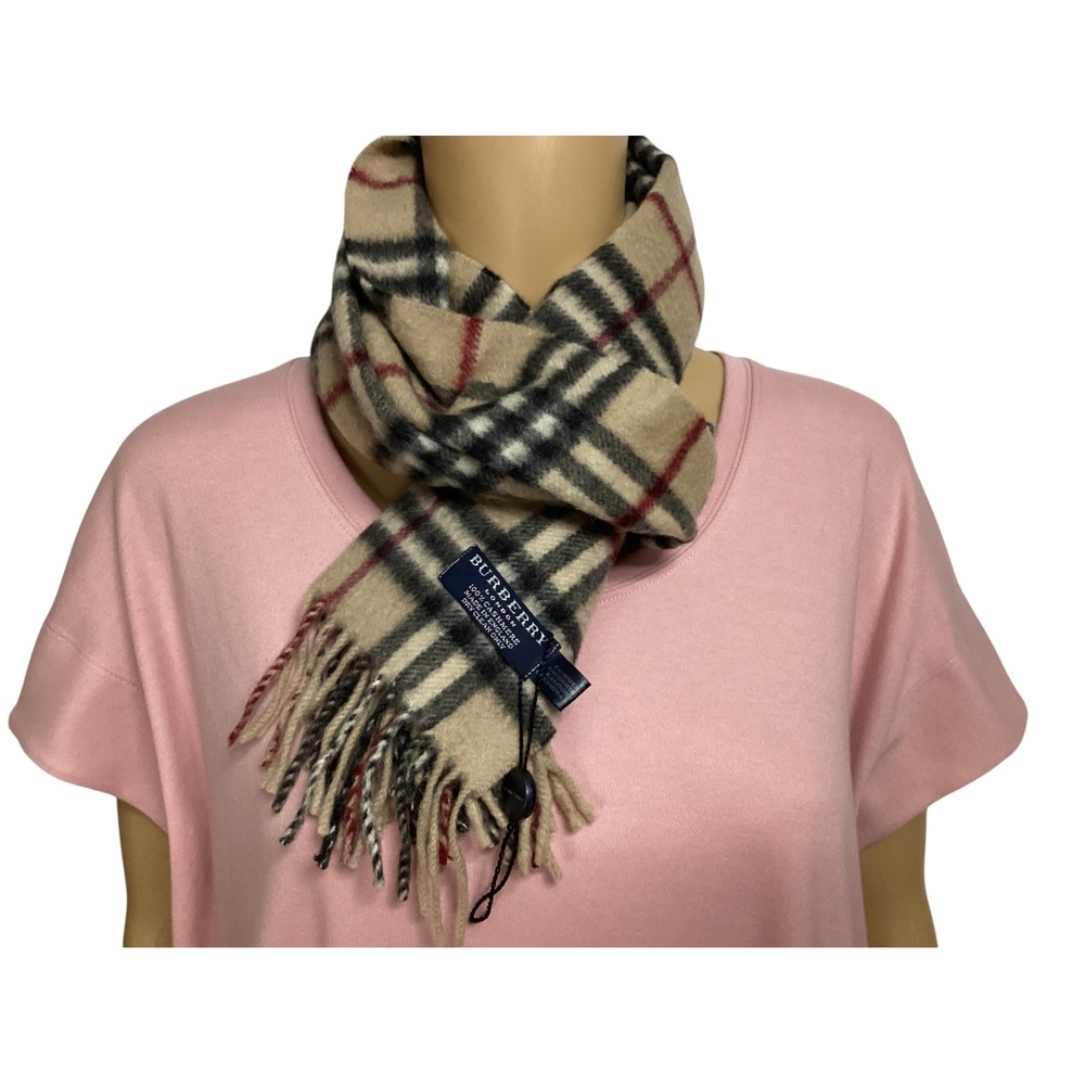 Burberry London Cashmere Scarf Tan Nova Check Made in England Fringe Trim